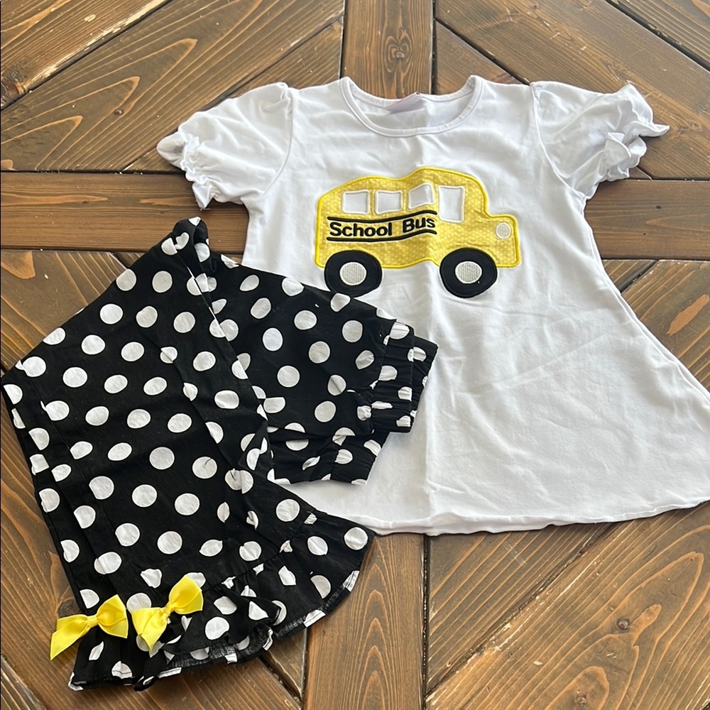 Kids School Bus Outfit with Polka Dot Pants